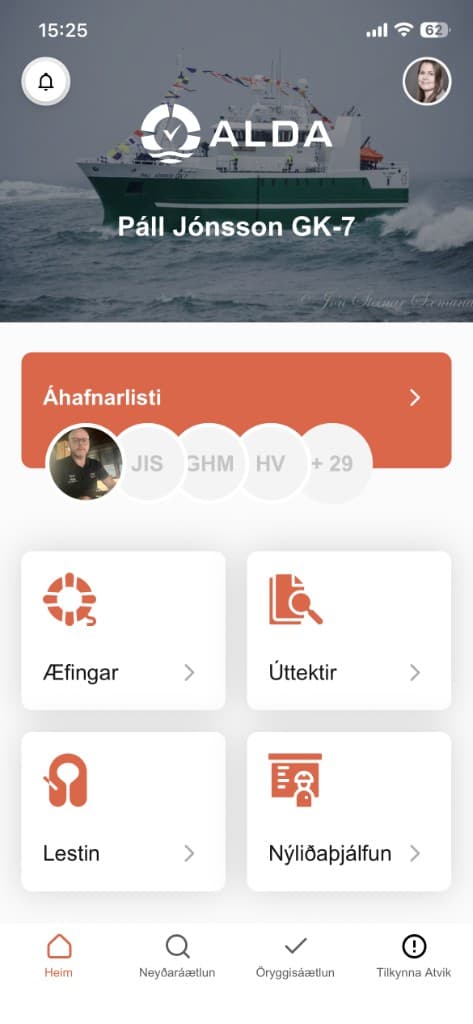The Alda app on a phone: crew list, drills, inspections, the log and crew onboarding
